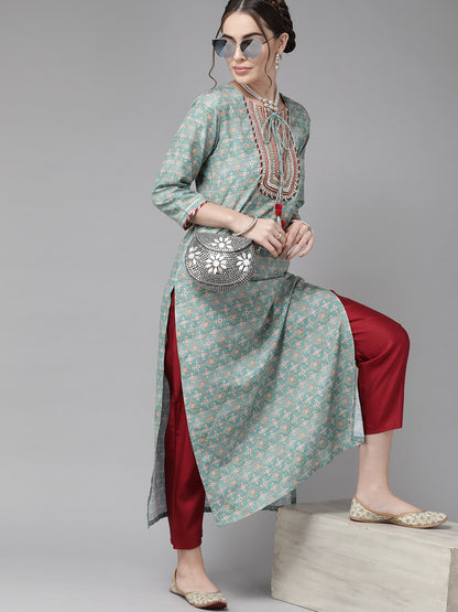 Rani Raiment Varanga Teal Blue Ethnic Motif Yoke Embroidered Print Kurta