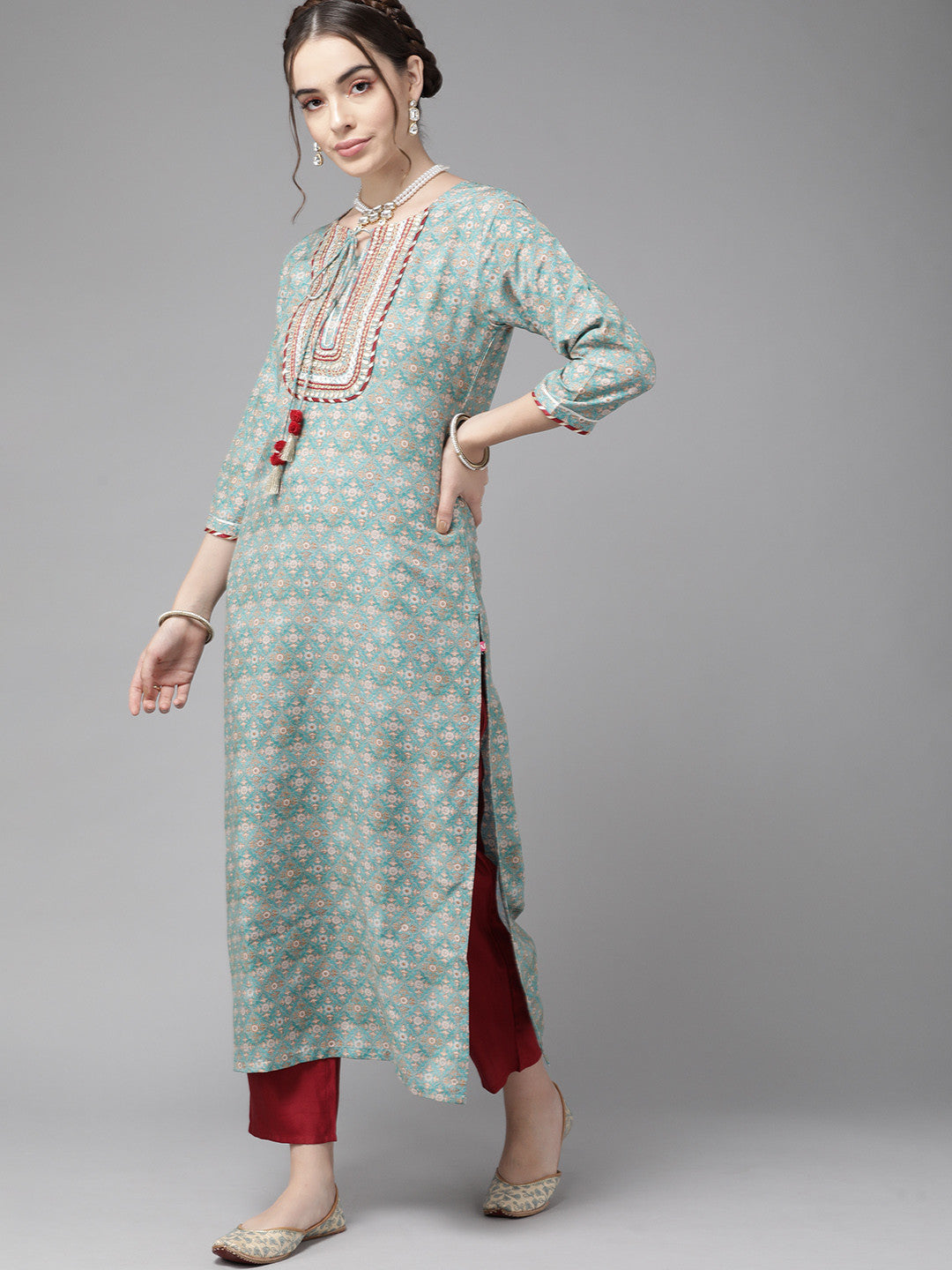 Rani Raiment Varanga Teal Blue Ethnic Motif Yoke Embroidered Print Kurta