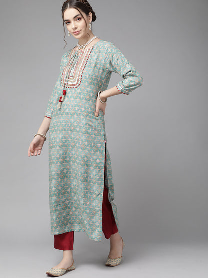 Rani Raiment Varanga Teal Blue Ethnic Motif Yoke Embroidered Print Kurta