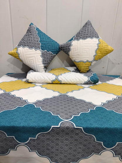 Geometric Glace Cotton 5-Piece Quilted King Size Bedsheet Set– Multicolor Luxury Combo