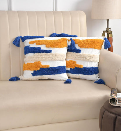 Handcrafted Multi-Colored Cushion Covers with Blue Tassels (Set of 2)