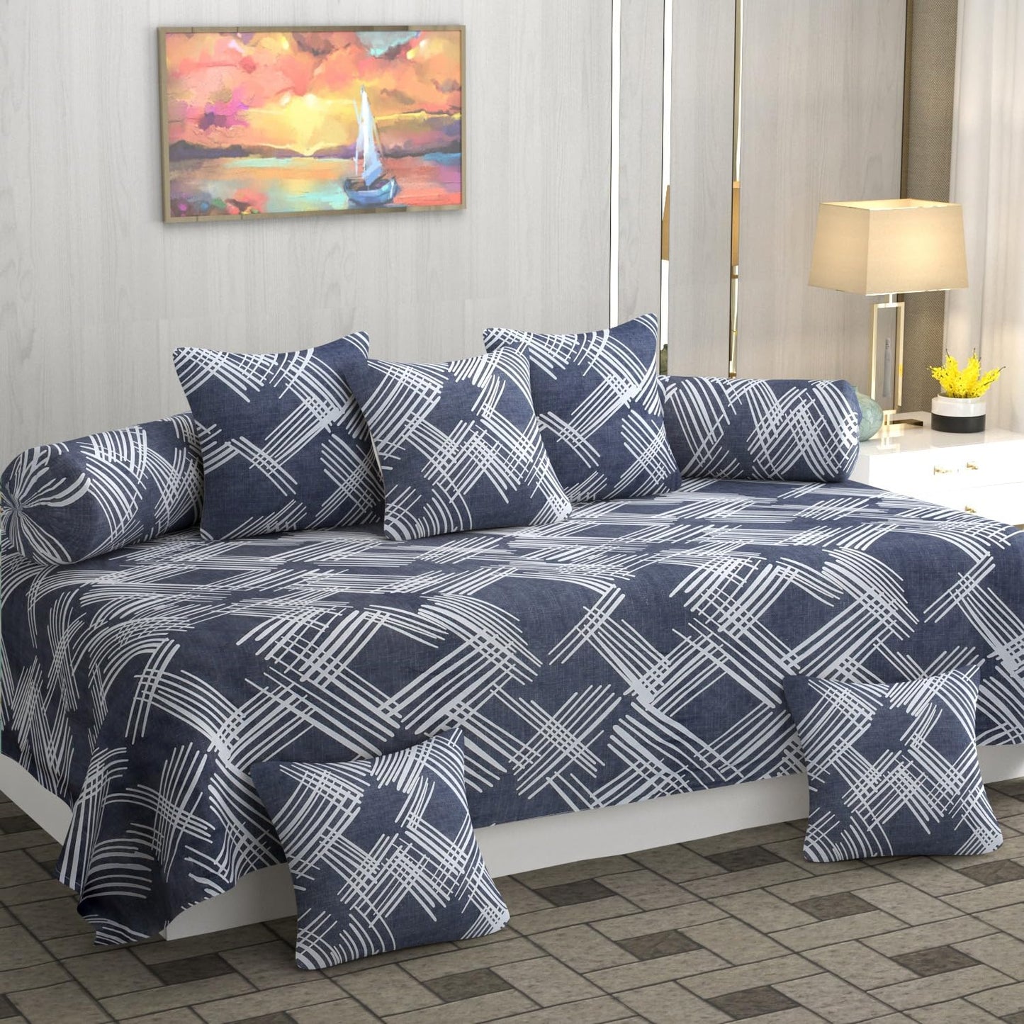 Classic Geometric Printed Diwan Cover Set – 8 Pieces