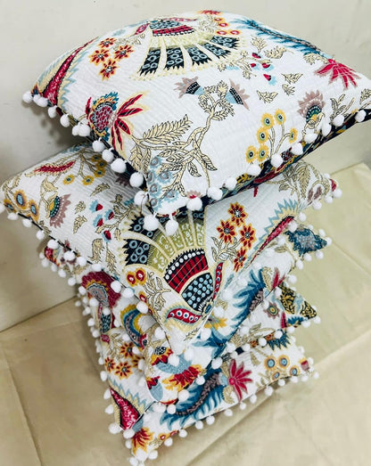 Kantha Work Cotton Cushion Covers – Set of 5, 16x16 Inch
