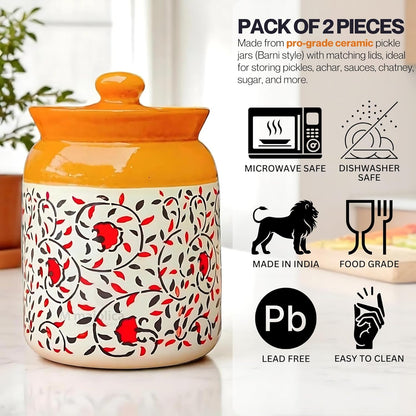 Ceramic handmade Pickle Jars in 1000ml | Hand painted Floral Pattern 1 kg Achaar Martban | Ceramic Container Set for Kitchen Storage (Pack of 2)