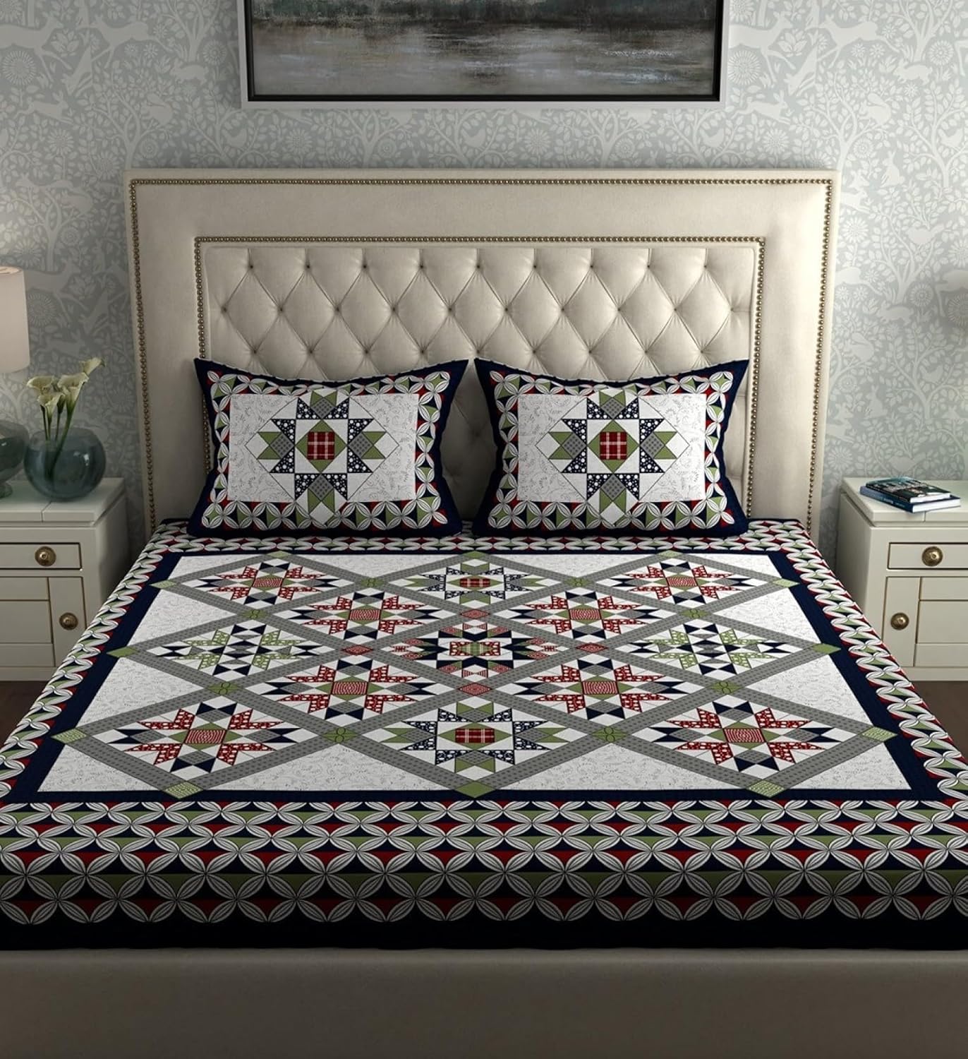Rajasthani Jaipuri Sanganeri Printed Pure Cotton 180 TC with 2 Pillow Covers – Multicolor Geometric Print