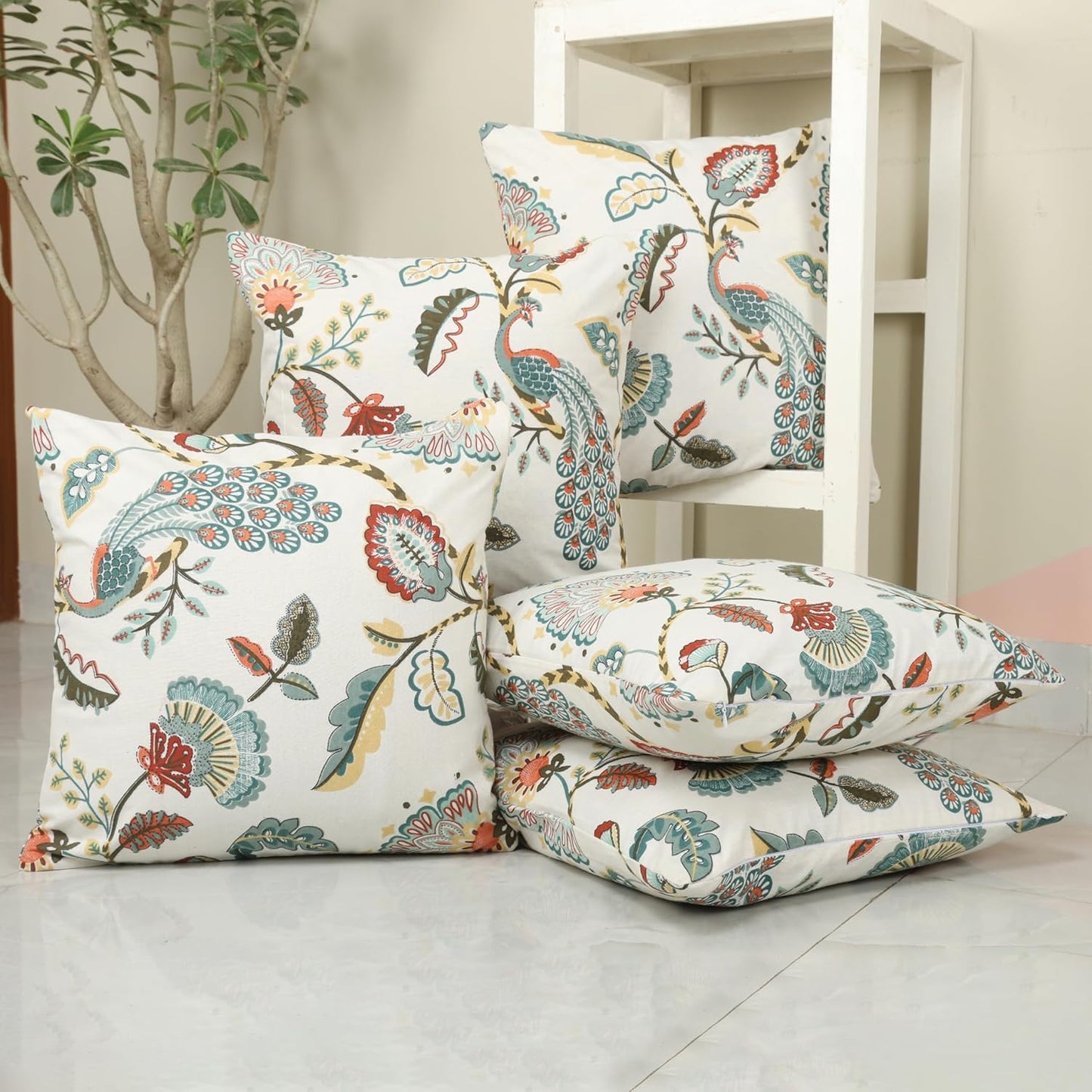 Sanganeri Print Cotton Cushion Covers Set of 5 – 16x16 Inches