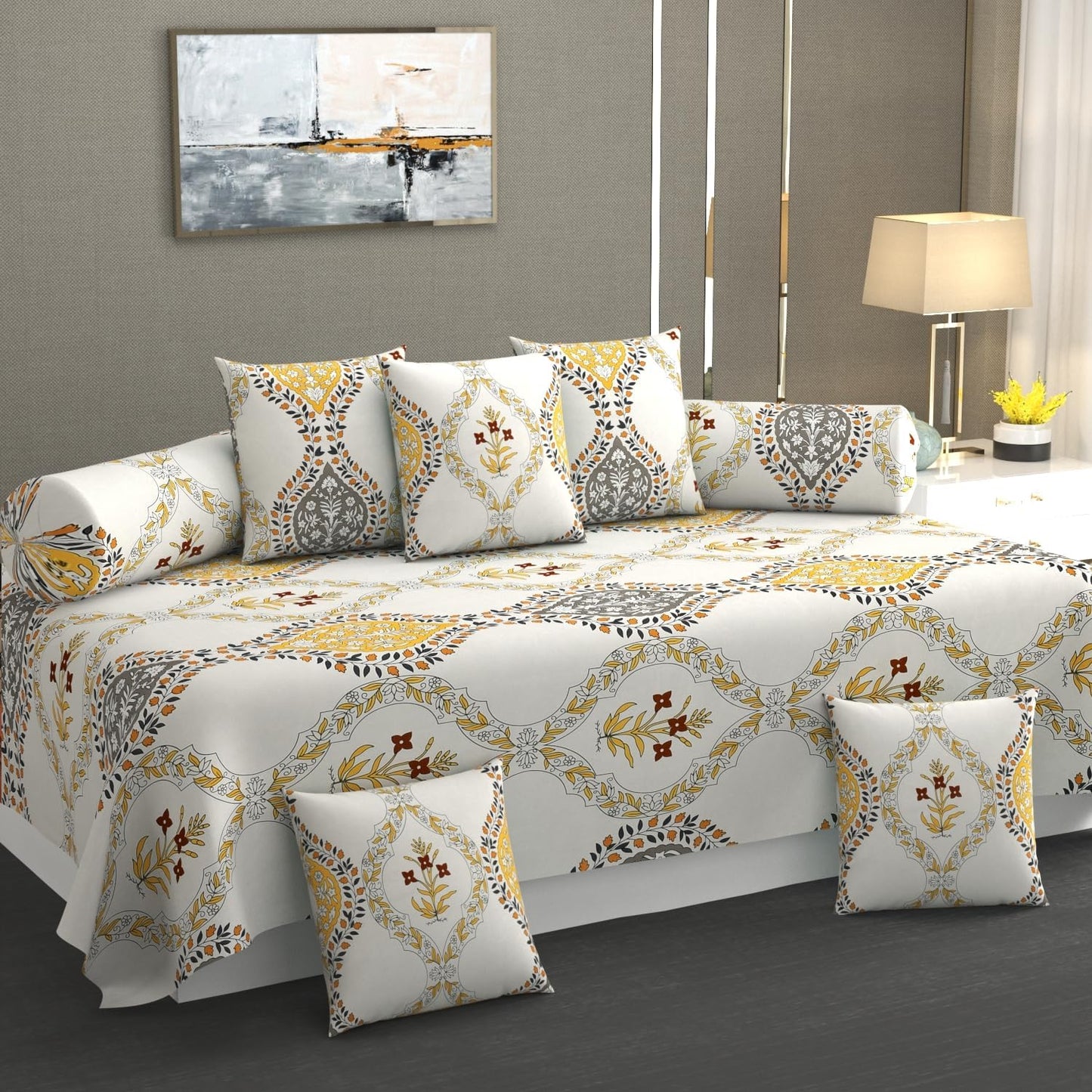 Geometric Floral Printed Cotton Diwan Set of 8 Pieces