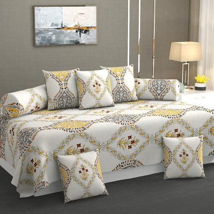 Geometric Floral Printed Cotton Diwan Set of 8 Pieces