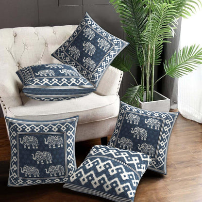 Elephant Motif Cushion Covers – Set of 5 (16x16 Inches)