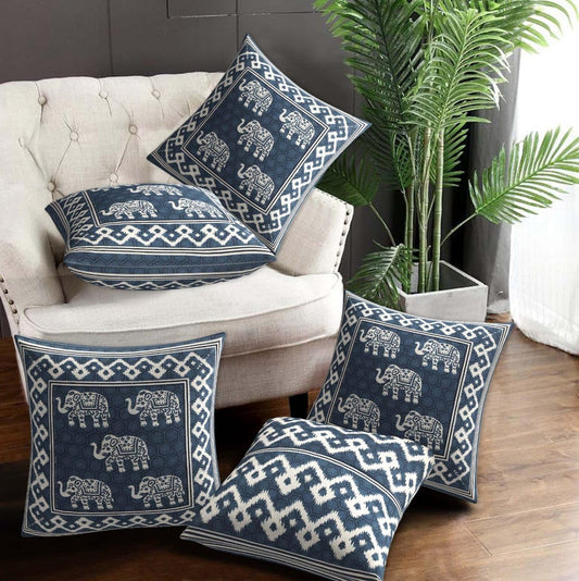 Elephant Motif Cushion Covers – Set of 5 (16x16 Inches)