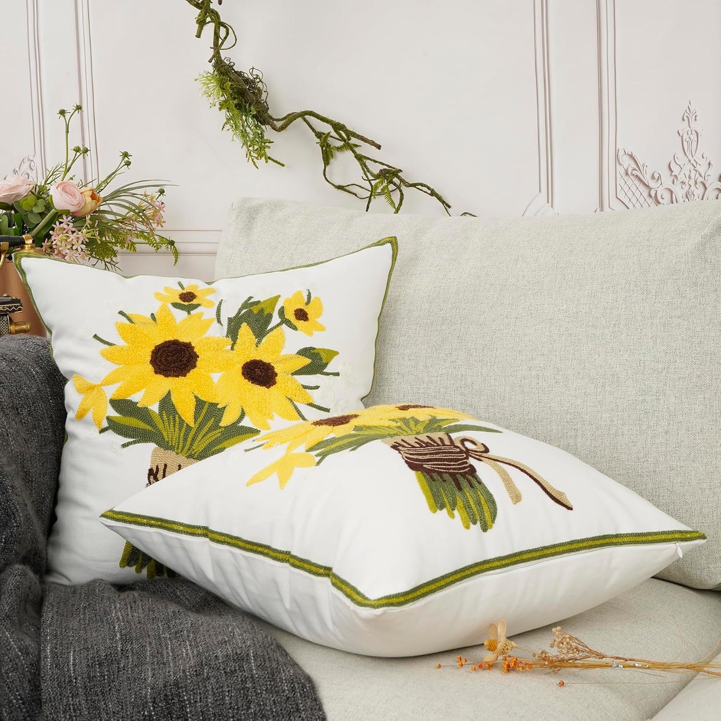 Sunflower Embroidered Throw Pillow Cover – Pack of 2 (16"x16")