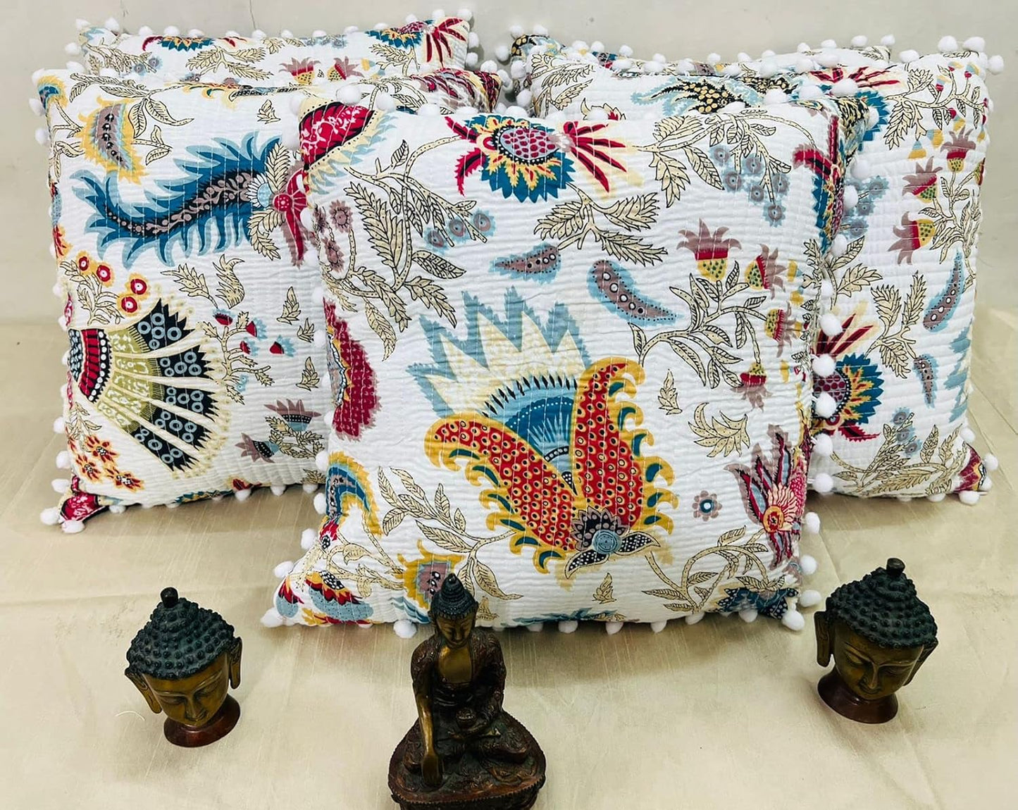 Kantha Work Cotton Cushion Covers – Set of 5, 16x16 Inch