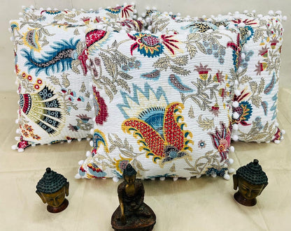 Kantha Work Cotton Cushion Covers – Set of 5, 16x16 Inch