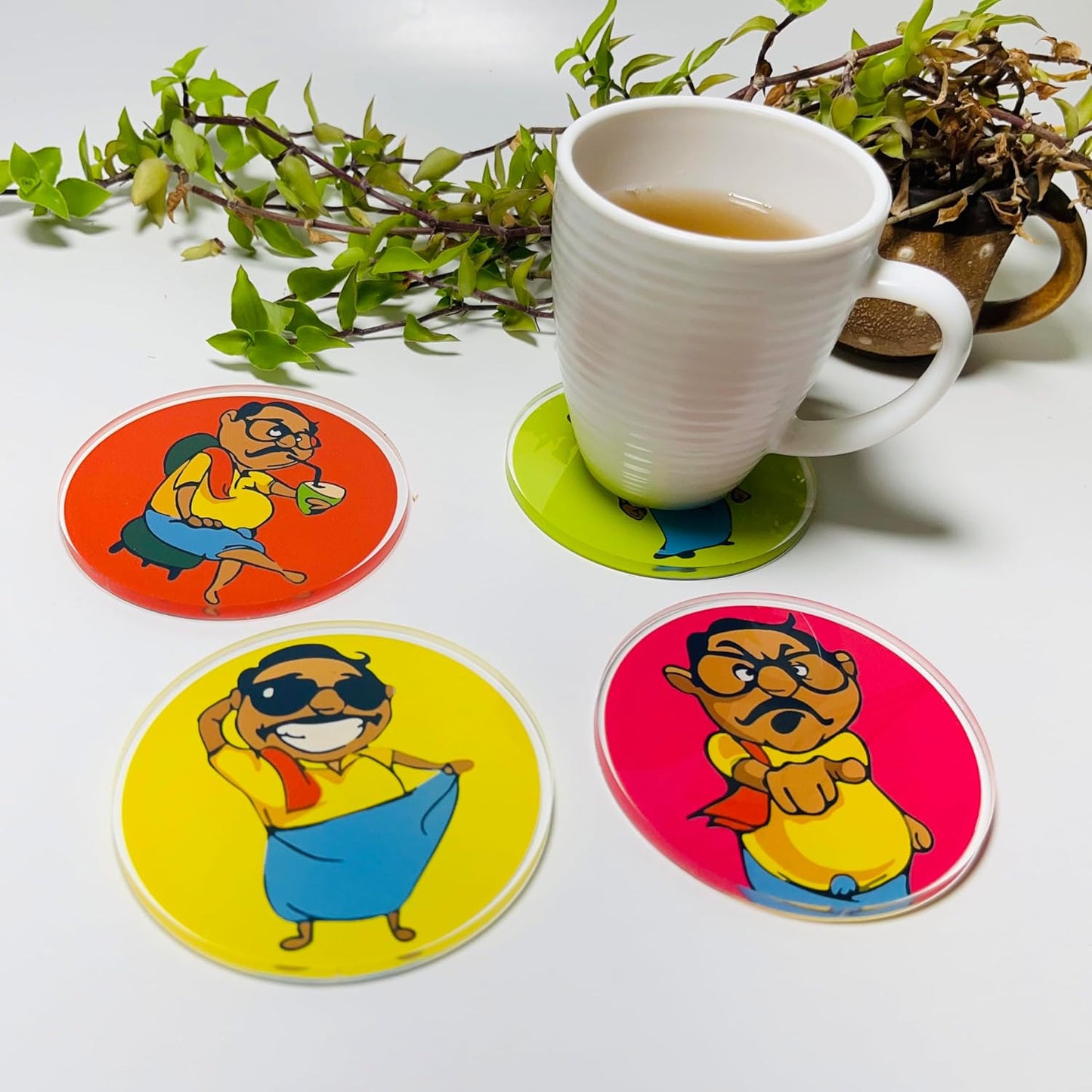 Coasters Set Stylish Anna Printed, Acrylic 6mm Thickness (Set of 4, Round 3.5 X 3.5 Inch)