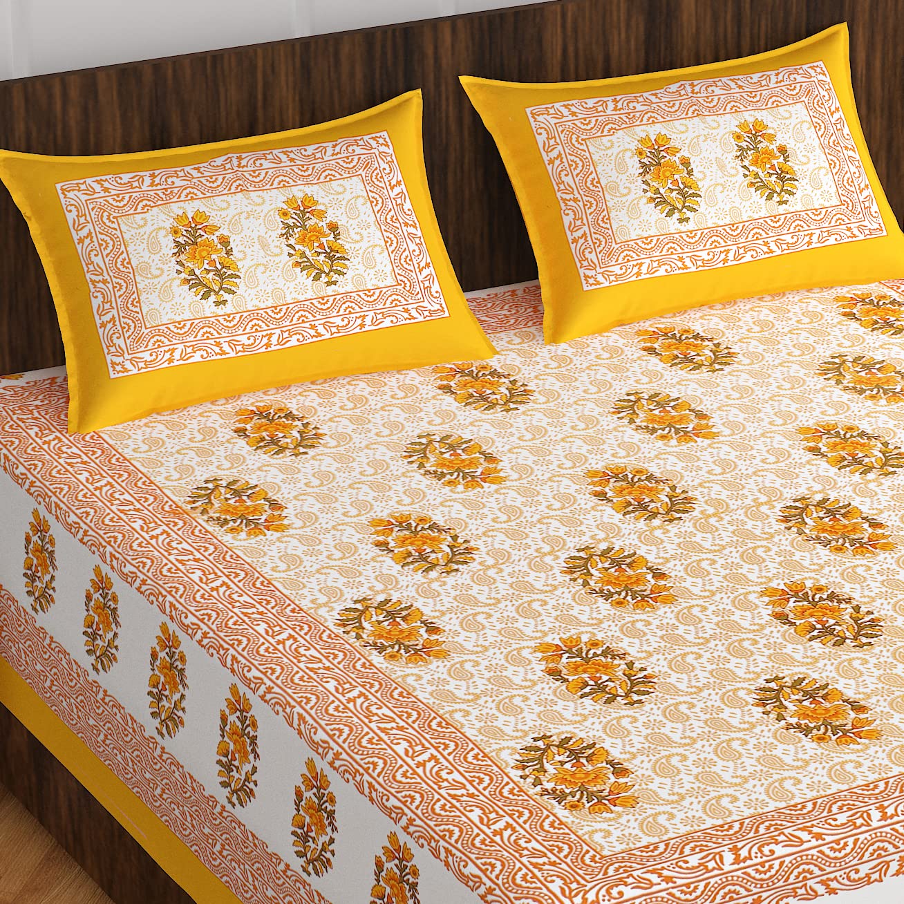 Botanical Block Print Cotton Bedsheet with Pillow Covers