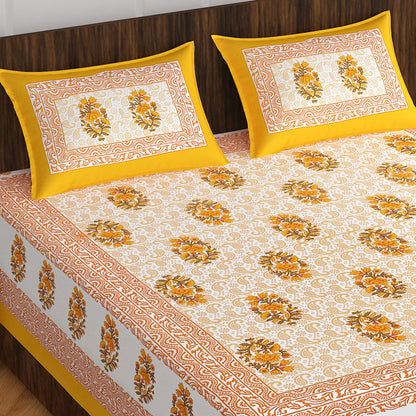 Botanical Block Print Cotton Bedsheet with Pillow Covers