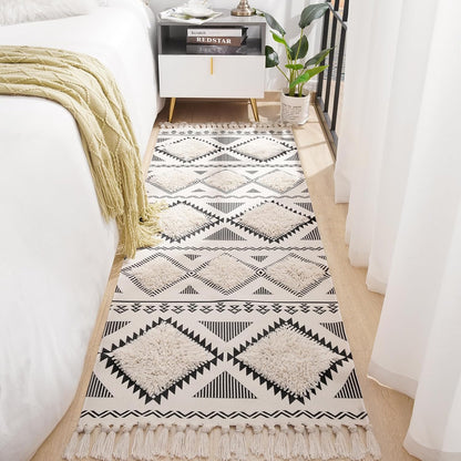 Hand Woven Tufted 100% Natural Cotton Bedside Runner with Tassels (2x5 feet)