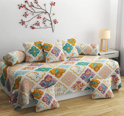 Multi Color Pattern Print Cotton Diwan Set of 8 Pieces