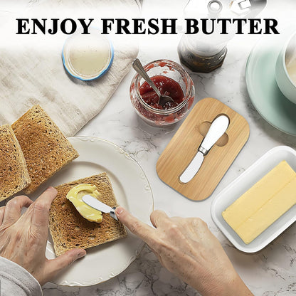 Ceramic Butter Dish with Wooden Lid with Steal Butter Knife, Bamboo Cover and Silicone Sealing Ring (White)
