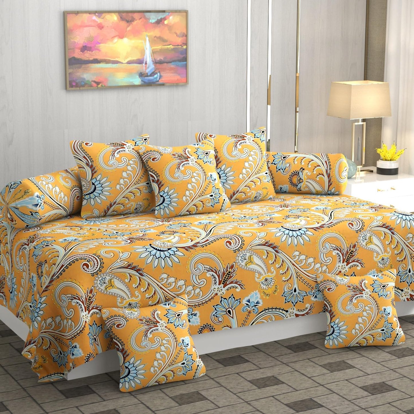 Floral Elegance Designer Diwan Set – 8 Piece Premium Cotton Combo