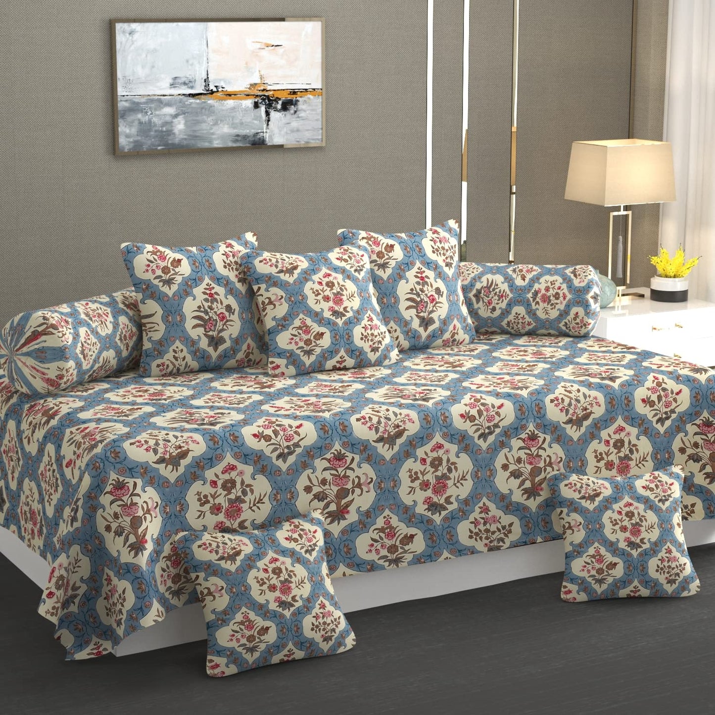 Premium Designer Diwan Set – 8 Piece Glace Cotton Combo