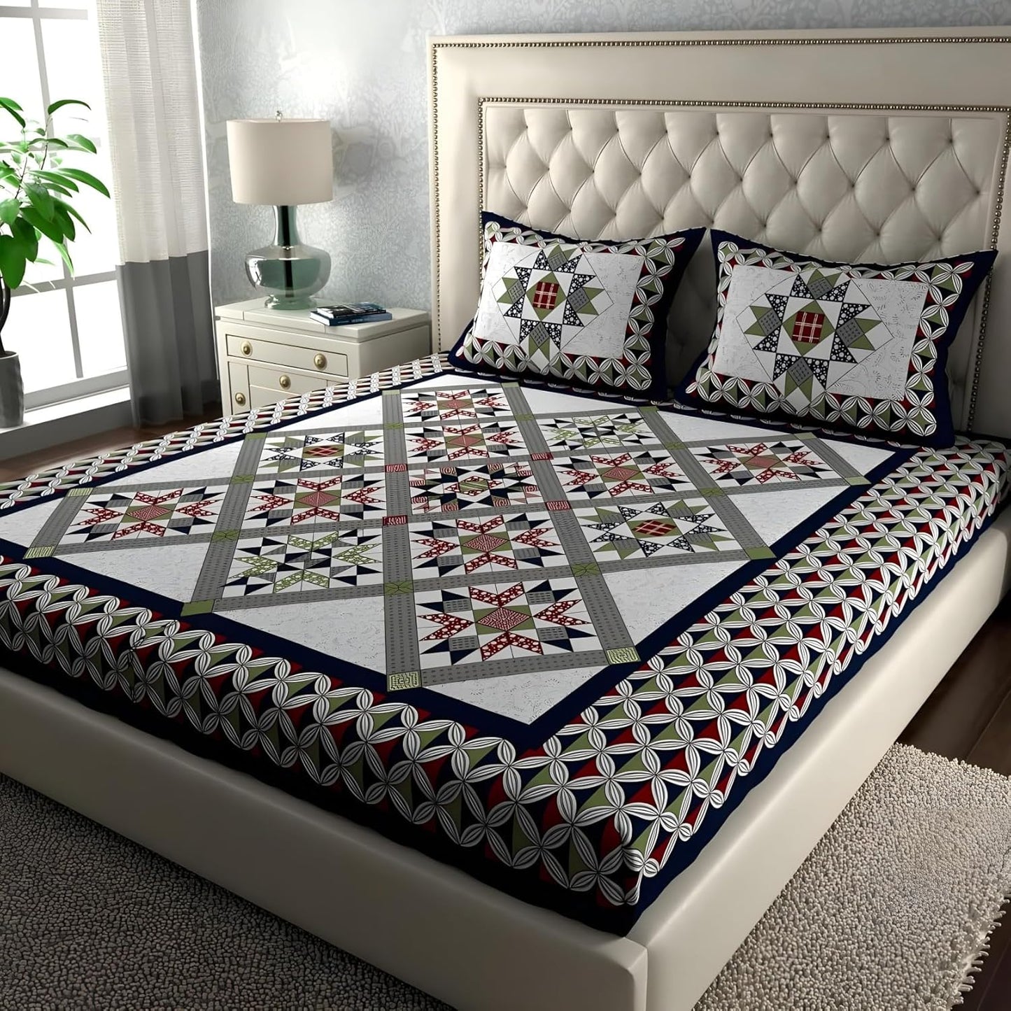 Rajasthani Jaipuri Sanganeri Printed Pure Cotton 180 TC with 2 Pillow Covers – Multicolor Geometric Print