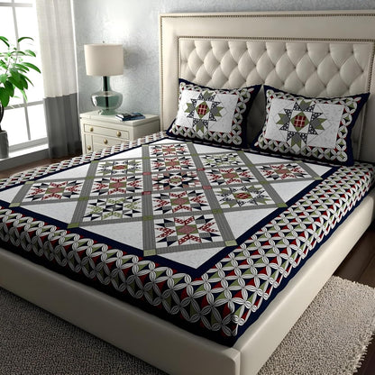 Rajasthani Jaipuri Sanganeri Printed Pure Cotton 180 TC with 2 Pillow Covers – Multicolor Geometric Print