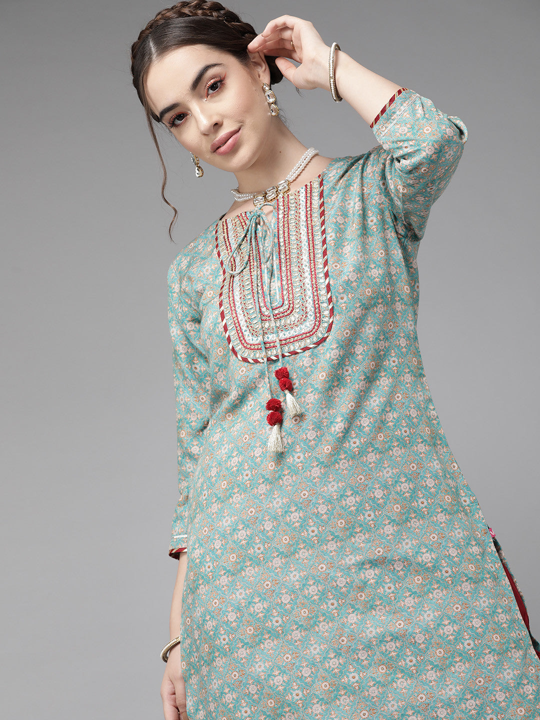 Rani Raiment Varanga Teal Blue Ethnic Motif Yoke Embroidered Print Kurta
