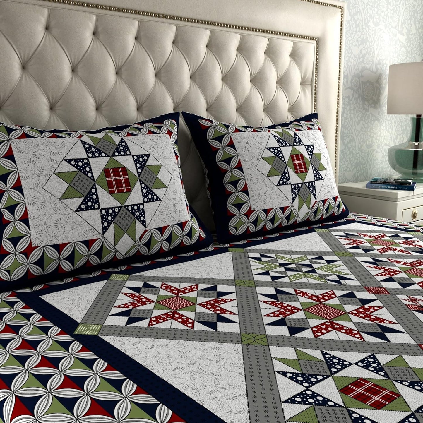Rajasthani Jaipuri Sanganeri Printed Pure Cotton 180 TC with 2 Pillow Covers – Multicolor Geometric Print