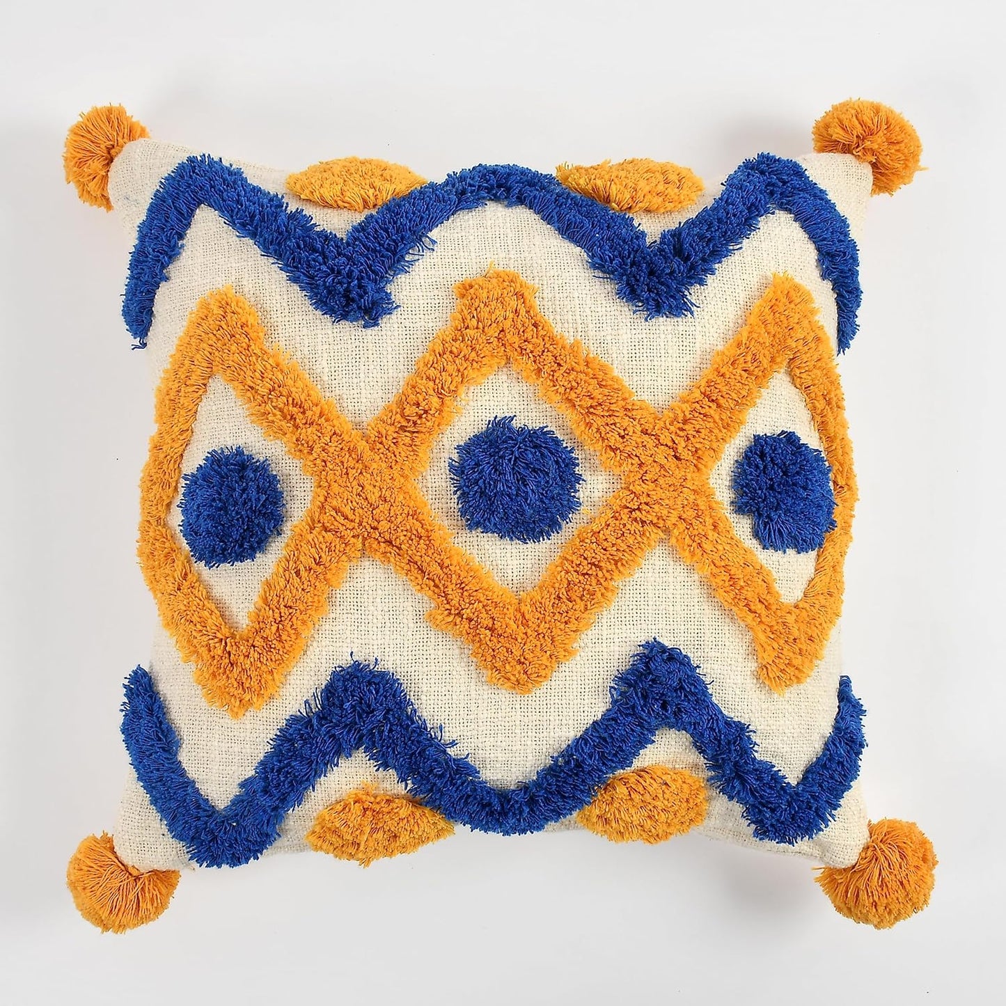 Set of 2 Tufted Cotton Cushion Covers – 16x16 Inch, Blue & Yellow