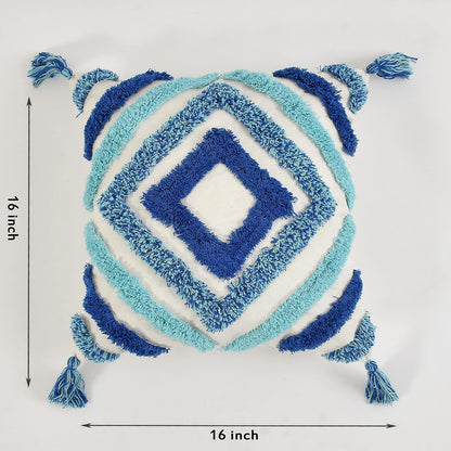 Blue Diamond Tufted Embroidered Cushion Cover 16x16 Inches (Pack of 2)