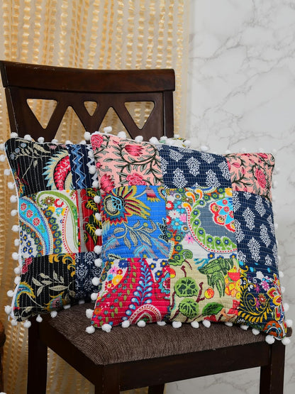 Jaipur Export Quality Handmade Kantha Cushion Covers – Set of 5, Reversible, 16x16 Inches