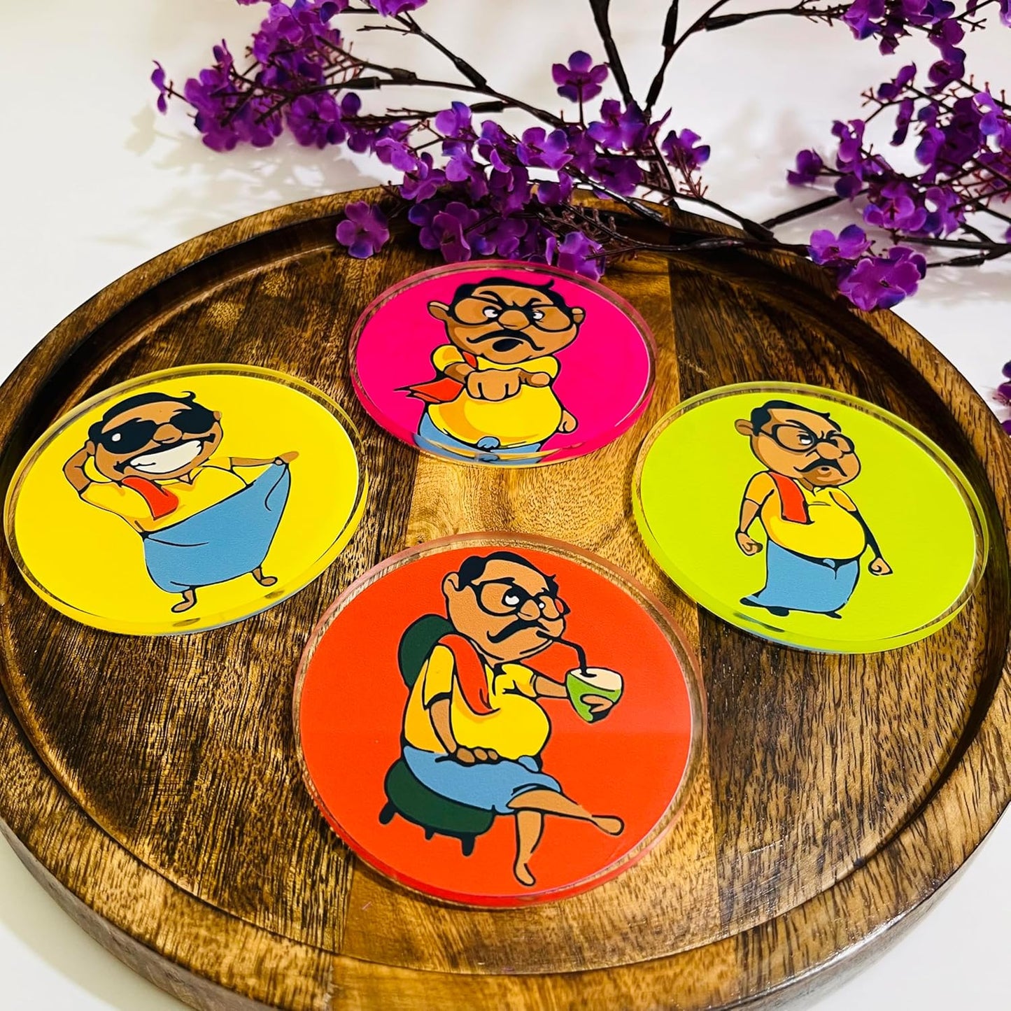 Coasters Set Stylish Anna Printed, Acrylic 6mm Thickness (Set of 4, Round 3.5 X 3.5 Inch)