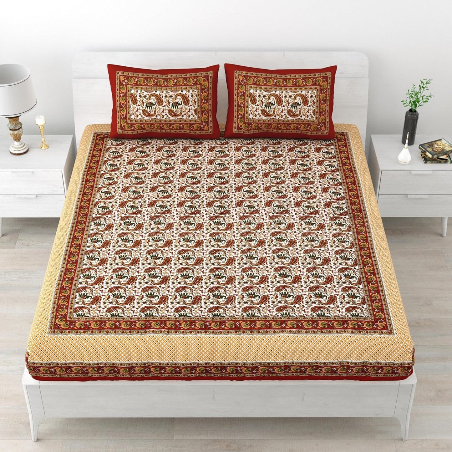 Jaipuri Ethnic Muftis Cotton Bedsheet With Pillow Covers