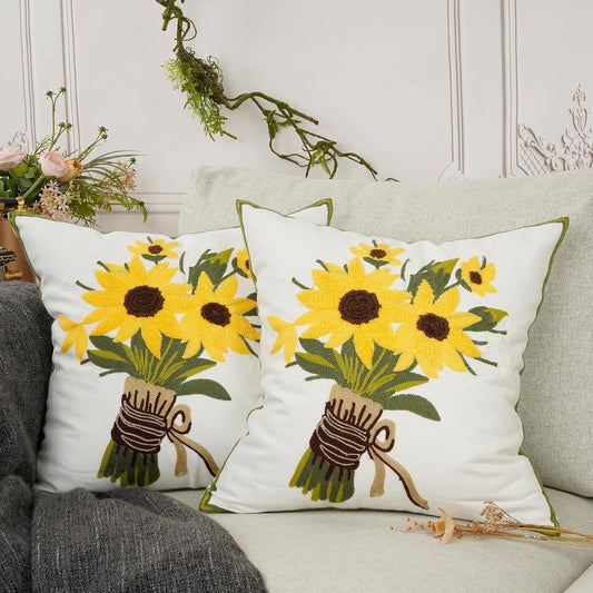 Sunflower Embroidered Throw Pillow Cover – Pack of 2 (16"x16")