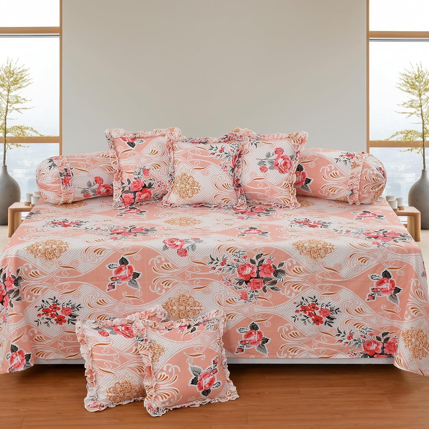 Decorative Frill Cotton Diwan Set – 8 Pieces (Floral Design)