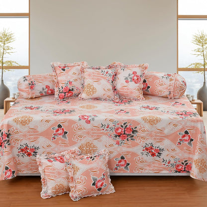 Decorative Frill Cotton Diwan Set – 8 Pieces (Floral Design)