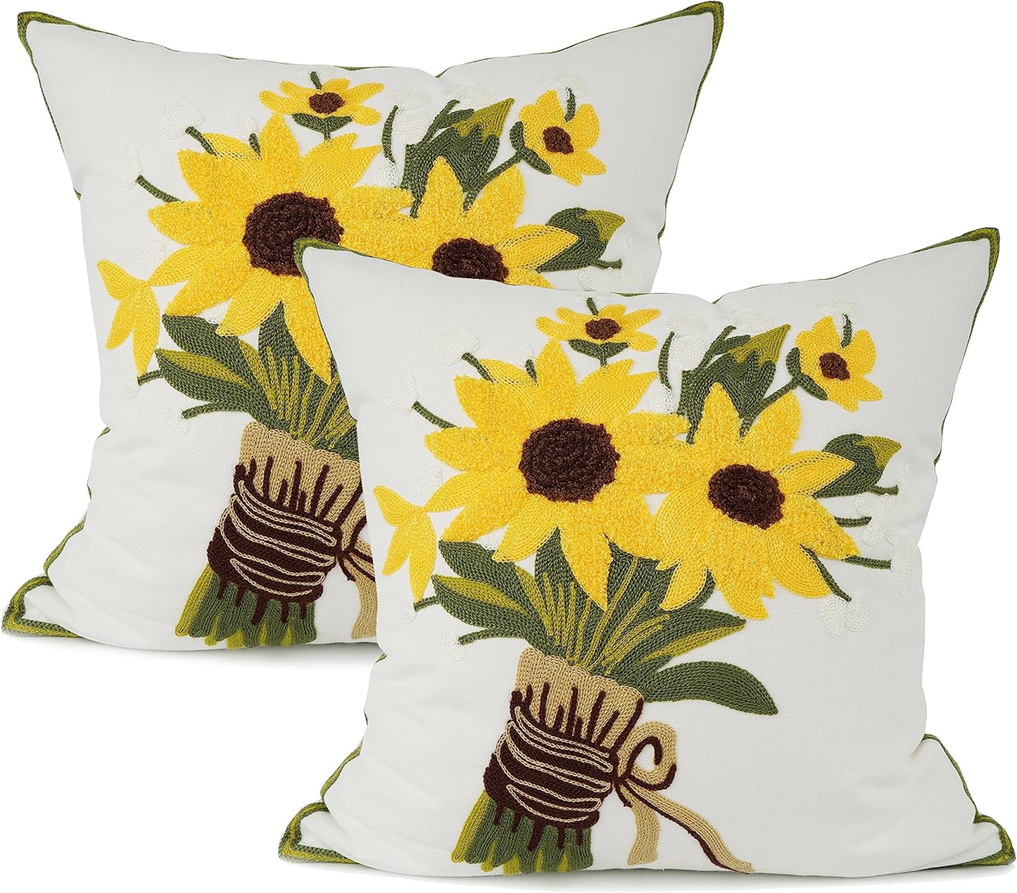 Sunflower Embroidered Throw Pillow Cover – Pack of 2 (16"x16")