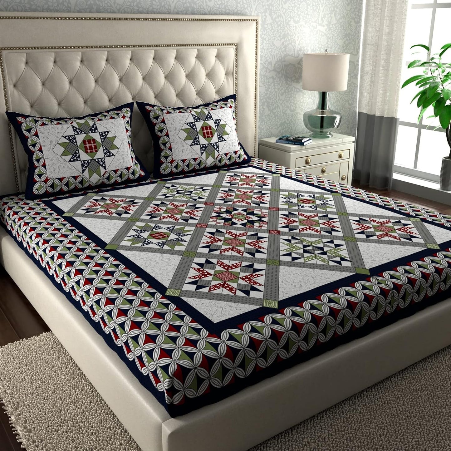 Rajasthani Jaipuri Sanganeri Printed Pure Cotton 180 TC with 2 Pillow Covers – Multicolor Geometric Print