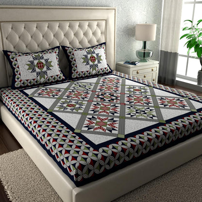 Rajasthani Jaipuri Sanganeri Printed Pure Cotton 180 TC with 2 Pillow Covers – Multicolor Geometric Print