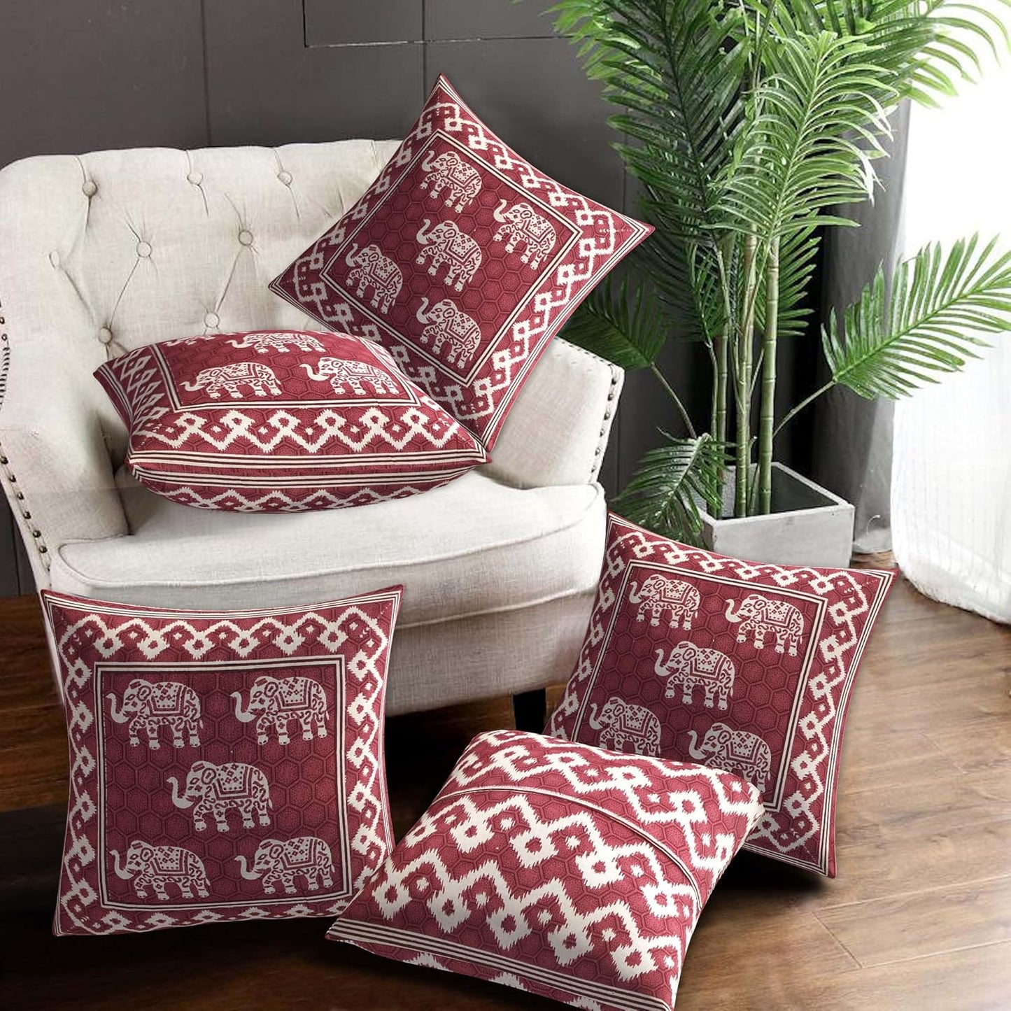 Elephant Motif Cushion Covers – Set of 5 (16x16 Inches)