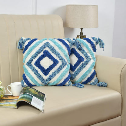 Blue Diamond Tufted Embroidered Cushion Cover 16x16 Inches (Pack of 2)