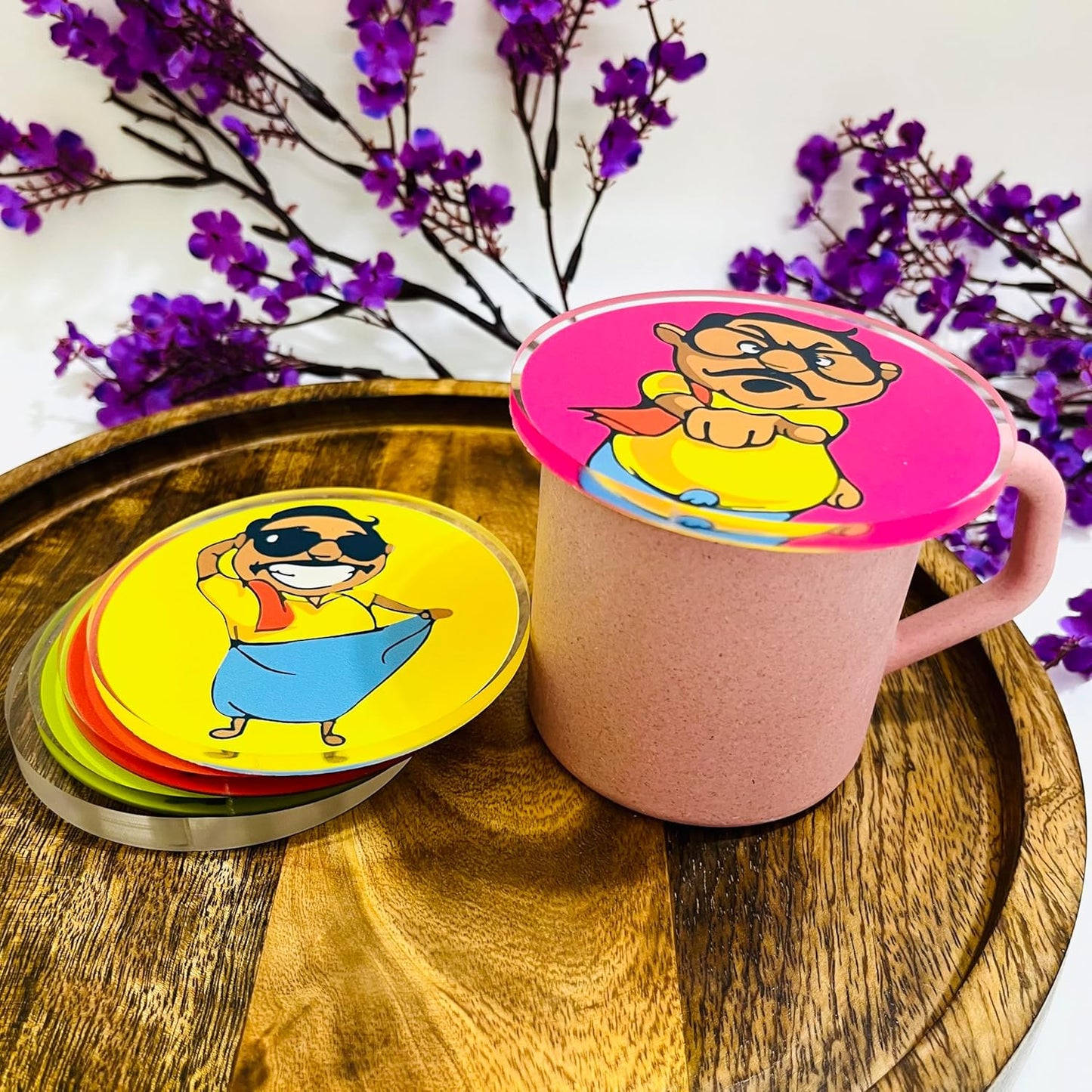 Coasters Set Stylish Anna Printed, Acrylic 6mm Thickness (Set of 4, Round 3.5 X 3.5 Inch)