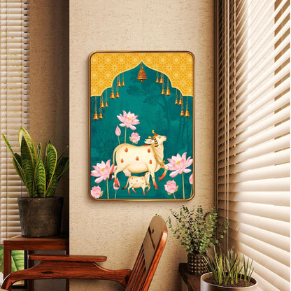 Premium Pichhwai Cow & Lotus Print with Sparkle Lamination – Golden Slim Frame (50 x 34 cm, MG471)