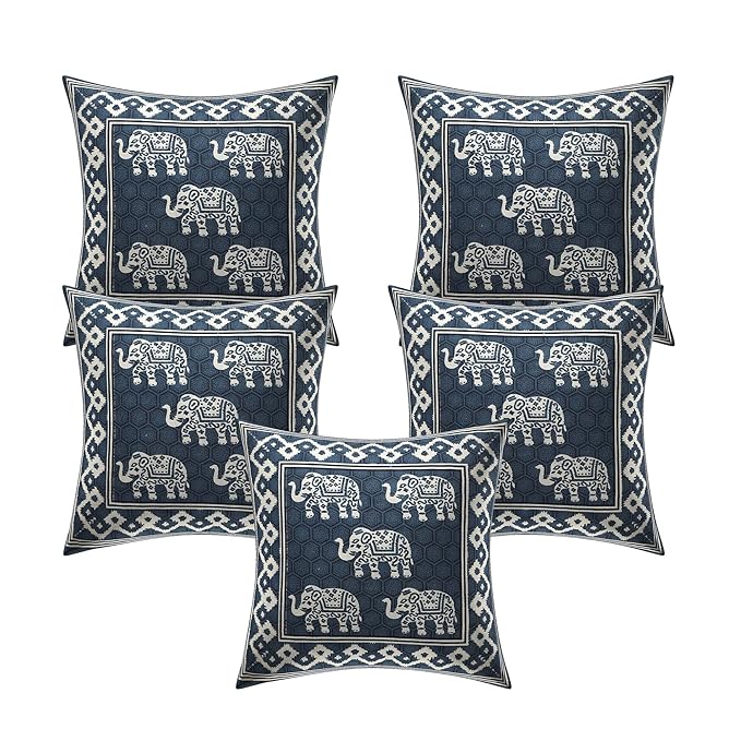 Elephant Motif Cushion Covers – Set of 5 (16x16 Inches)