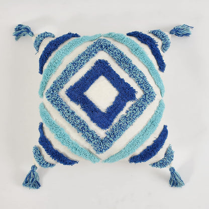 Blue Diamond Tufted Embroidered Cushion Cover 16x16 Inches (Pack of 2)