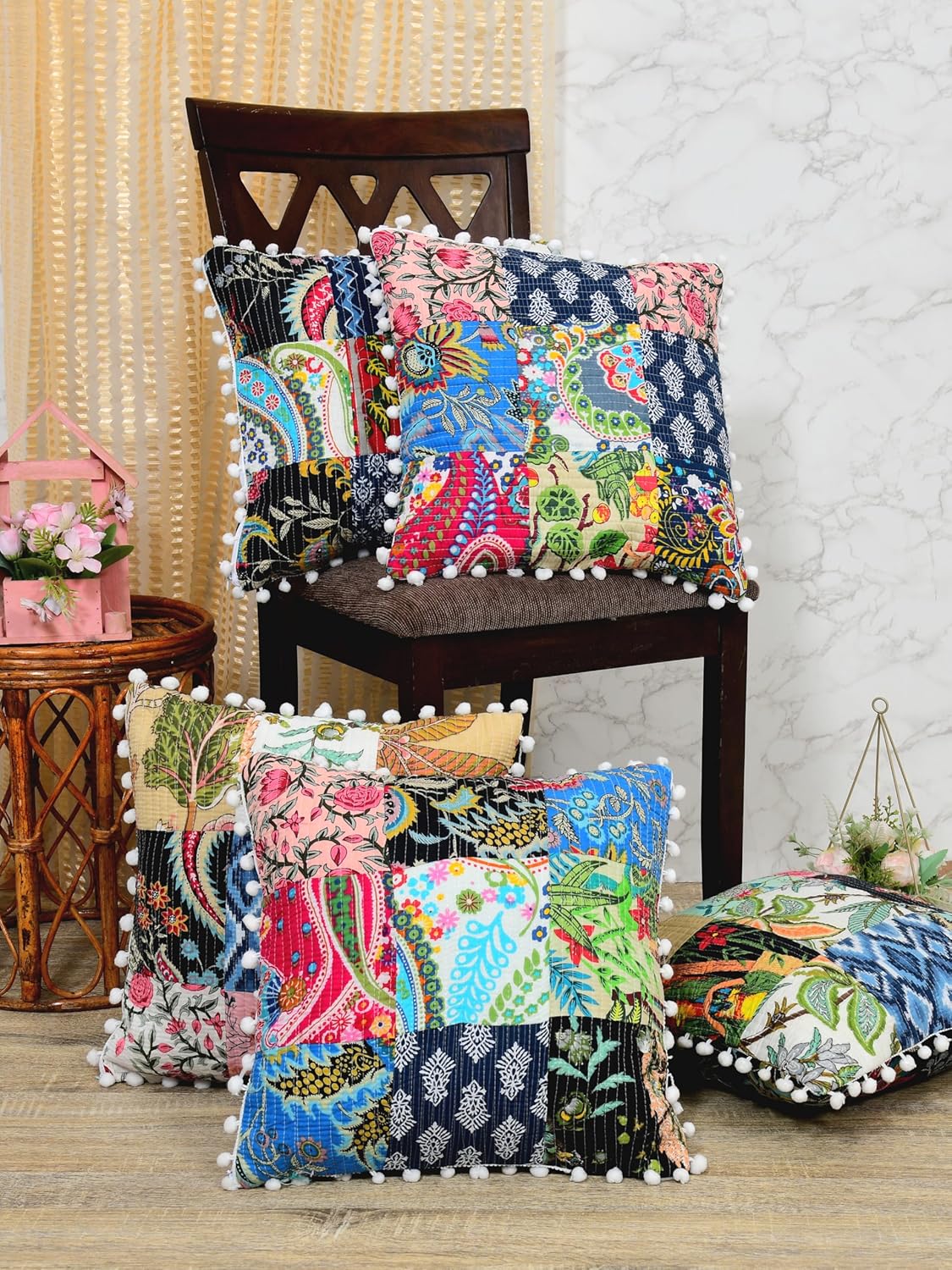 Jaipur Export Quality Handmade Kantha Cushion Covers – Set of 5, Reversible, 16x16 Inches