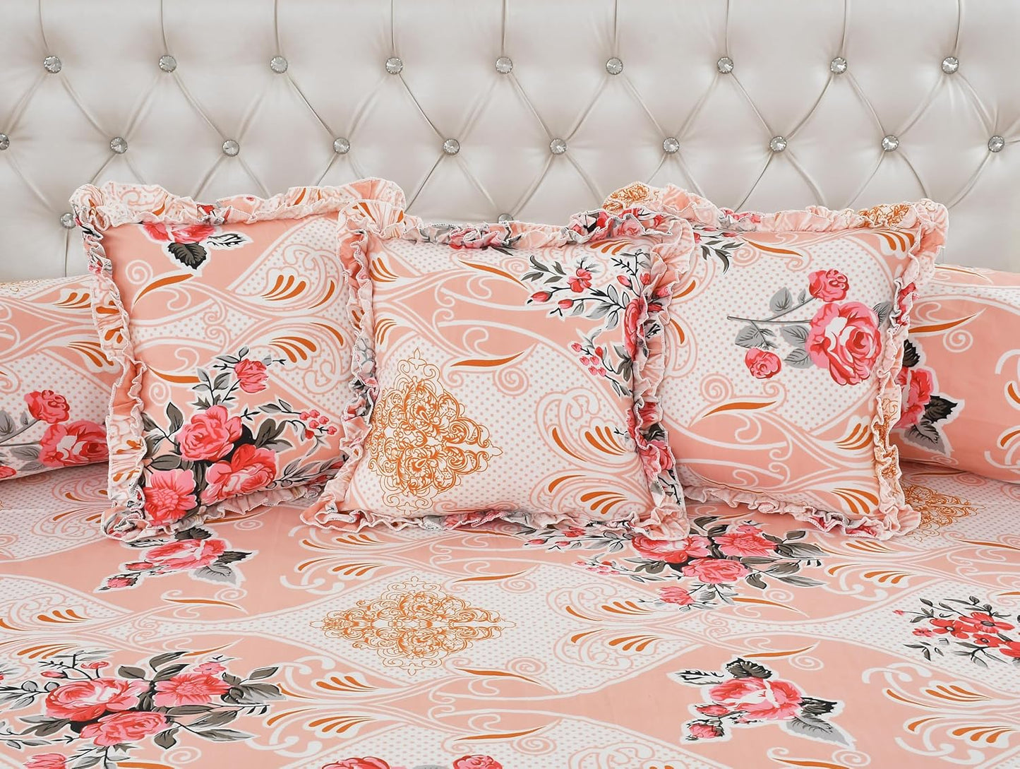 Decorative Frill Cotton Diwan Set – 8 Pieces (Floral Design)