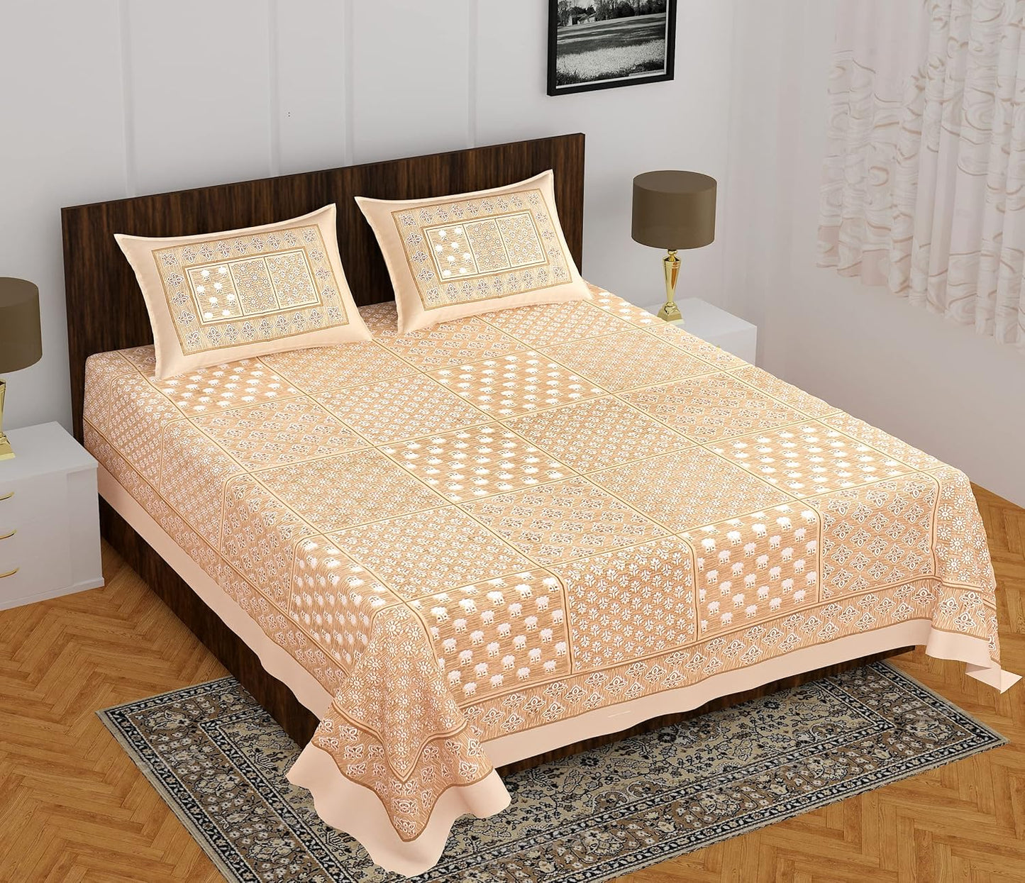 Rajasthani Jaipuri Square Design 100% Cotton Bedsheet with Pillow Covers