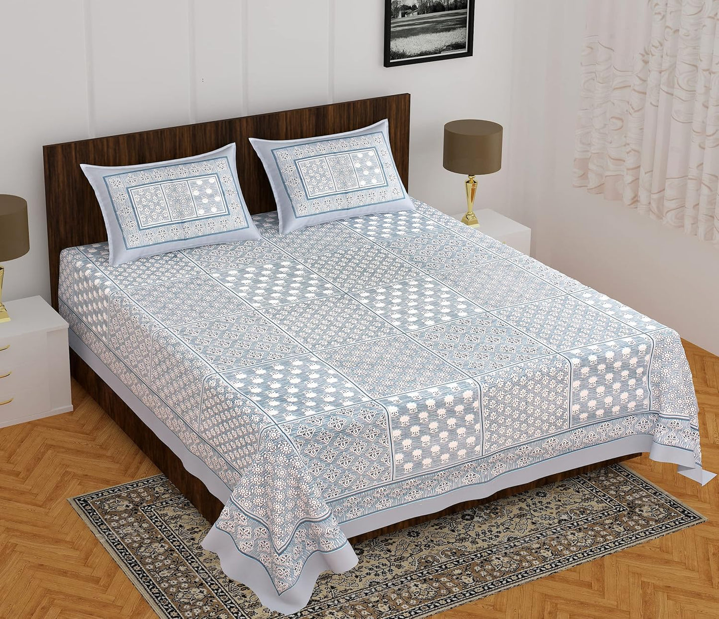 Rajasthani Jaipuri Square Design 100% Cotton Bedsheet with Pillow Covers